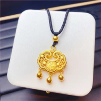 Real 24K Gold Color Longevity Lock Pendant Necklace for Men Baby Pure 999 Color Necklaces Black Rope Chain Wedding Jewelry Gift