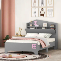 Wooden Full/Twin Size House Bed with Storage Headboard ,Kids Bed with Storage Shelf,Grey/White