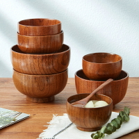 日式復古木碗家用無漆無蠟實木餐具小巧簡約兒童米飯碗大號湯碗