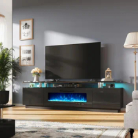TV Stand, 2 Tiers, 80" Modern High Gloss Entertainment Center, LED Lights TV Console Cabinet for TVs Up To 90", TV Stands