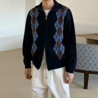 【巴黎精品】針織外套長袖毛衣-菱格翻領雙拉鏈男外套2色a1io45