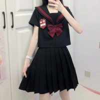 正統原創基礎款JK制服裙黑赤三本水手服日系長袖短袖學生套裝JKS--享樂