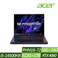 ACER 宏碁 PHN16-72-517P 16吋電競筆電 (i5-14500HX/RTX4060/16G+16G/512G+1TB PCIe SSD/Win11/特仕版)