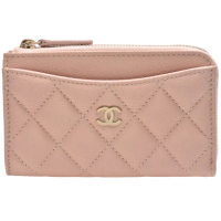 【CHANEL 香奈兒】經典金色雙C LOGO菱格粒紋牛皮L型拉鍊卡夾/零錢包(裸粉色AP3179C-NUDE-GP)