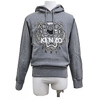 KENZO 刺繡拼布LOGO白金虎頭設計純棉長袖連帽T恤(灰)