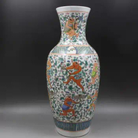 Green Vase Trumpet Cylinder Shape Bottle Chinese Antique Porcelain Vase Qing Children Pattern Vintage Vases for Flowers