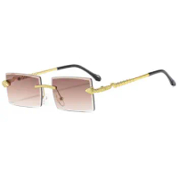 Vintage Rimless Rectangle Sunglasses Fashion Designer Cut Edge Shades Luxury Golden Leopard Frame Sun Glasses UV400 Eyewear