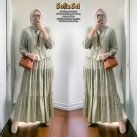 Qamira Set Long Tunik - One Set Wanita Kekinian Crinkle Airflow Setelan Wanita Rok Panjang LD 110 cm