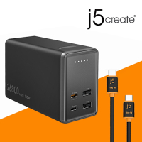 j5create 26800mAh 100W雙向極速快充4孔大容量行動電源/同時可充4個裝置-JPB264100