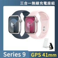 三合一無線充電座組【Apple 蘋果】Apple Watch S9 GPS 41mm(鋁金屬錶殼搭配運動型錶帶)