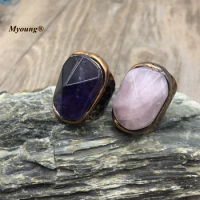 Boho Jewelry Bronze Plated Large Pyramid Shape Natural Rose Quartzs Amethysts Crystal Rings For Women MY220812