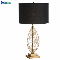 SGROW Gold Metal Stand Table Lamps for Bedroom Living Room Hotel Study Modern Leaves Fabric Lampshade Lampara Indoor Lights