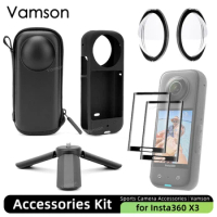 Vamson for Insta360 X3 Semi-Open Protective Hard Shell Soft Silicone Case Screen Protector Film for Insta360 X3 Accessories Kit