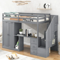 Twin Size Loft Bed,Kids bed,Modern design Loft Bed with Wardrobe and Staircase,Built-in Desk &amp; Storage Drawers and Cabinet in 1