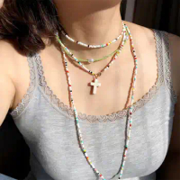 New Handmade colorful millet Bead Necklace women's double shell Cross Pendant Necklace