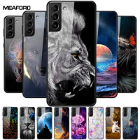 For Samsung S21 5G Case S21+ S21Ultra FE Tempered Glass Hard Back Cover for Samsung Galaxy S21 FE Phone Case Fundas S21Ultra Cat