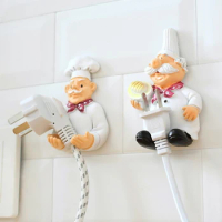 1pcs Chef Design Power Plug Storage Shelf Holders Hook Wall-mounted Adhesive Hanger Resin Plug Rack Kitchen Accessories