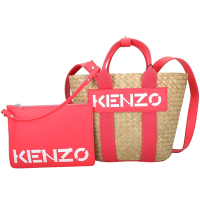 KENZO Raffia 小款 字母標誌拉菲草編織手提/斜背包(附萬用袋/珊瑚粉)