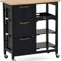 Kitchen Island Cart with 3 Drawers 2 Tier Holders 1 Removable Tray Black Rolling Kitchen Storage Home Serving Bar Cart