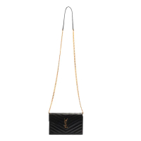 【YSL】MONOGRAM系列V字縫線魚子醬牛皮金屬LOGO金鍊肩背信封包(黑393953-BOW01-1000)