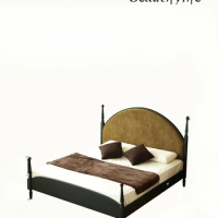 Double Bed Retro Nanyang Style Master Bedroom Marriage Bed Soft Bag Simple Ash Wood Matte Black Solid Wood