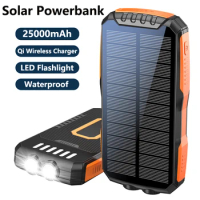Portable Qi Wireless Charger Solar Power Bank 25000mAh for iPhone 14 Samsung Xiaomi Waterproof Powerbank with LED Camping Light