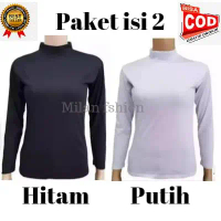 PAKET 2PCS KAOS MANSET WANITA LENGAN PANJANG - MANSET WANITA KERAH TINGGI Polos Baju Atasan Hitam Ka