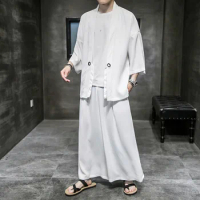 Summer Loose Fitting Kimono Cropped Pants Two-Piece Set Traditional Japanese Cardigan Plus Size 5XL Samurai Clothing Streetwear