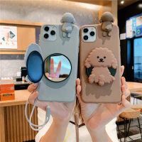 3D Cute Cartoon Dog Mirror Stand Phone Case For Samsung Galaxy S22 plus S23 Ultra s 22 a22 A22 4G A13 A53 silicone Lanyard cover