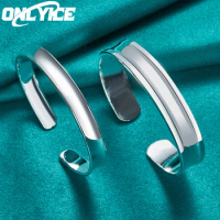2pcs 925 Sterling Silver Jewelry Set For Women Man 8mm and 12mm Smooth Concave Bangle Bracelet Adjustable Fashion Wedding Gifts