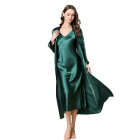 Slip Dress and Robe Two Piece Set Solid Color Sleepwear Imitation Silk Home Suit Summer Thin Pajama Leisure Costume for Women