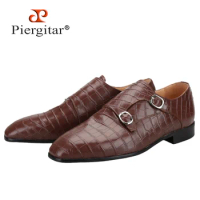 Piergitar Reddish Brown Crocodile Pattern Cowhide Men's Double Monk Strap Shoes Handmade Male Dress Shoes Genuine Leather Lining