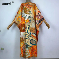 WINYI Saudi Arabia new Blogger Recommend Popular printed Silk Kaftan Maxi dress Summer Beach Bohemian kaftan long dress for lady