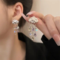 Cloud Water Drop Crystal Long Tassel Earrings for Women Trendy Fashion Raindrop Cloud Clip on Earrings Without Piercing
