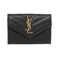 【YSL】金字LOGO V字縫線 黑色 小牛皮 扣式短夾 皮夾 零錢包(414404BOW011000)