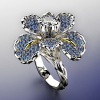 新品 微鑲滿鉆鳶尾花雙色戒指 歐美藍色托帕石花朵訂婚雞尾酒指環