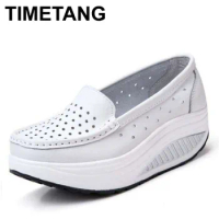 TIMETANG Genuine Leather boat shoes comfort nurse shoes wedges breathable swing women's pumps shoes platform shoes casual loafer