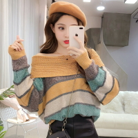 慵懶風毛衣女寬松外穿秋冬季一字肩堆堆領兩穿彩色條紋針織衫上衣1入