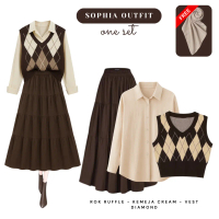 Setelan OOTD Yearbook Vintage  (Kemeja Cream, Vest Diamond Coklat, Rok Ruffle Coklat) - CTO34