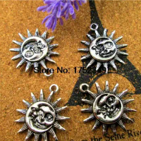 6pcs Sun and Moon Pewter Charm , Silver tone Sun and Moon Charm Pendant 25x30mm