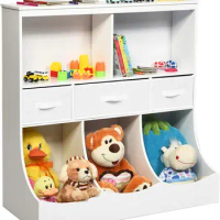 3-Tier Kids Bookcase Toddler Storage Organizer Cabinet Shelf w/ 8 Compartment Box and 3 Removable Drawers for Children (White)