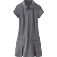 TRAF GAL 2024 Summer Women Gery Casual Shirt Style Dress Short Sleeve Slim Office Female Vent Wide Pleated Mini Dresses Y2K