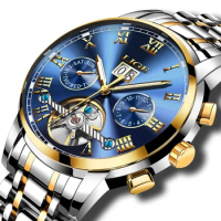 LIGE Automatic Mechanical Watches Men Casual Business Tourbillon Watch Luminous Full Steel Waterproof Dive Luxury Watch Gift+Box