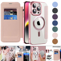 Card Slot Transparent Magnet Cover For Apple 15 Pro Max Magsafe Leather Flip Wallet Plating Case For iPhone 14 13 12 11Pro Max
