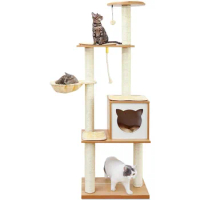 Cat Tree, Modern Cat Tree Tower for Indoor Cats - 65" Tall Wood Condo with Hammock, Scratching Post and Removable Pads