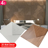 4 pcs 50cm 3D wall decor Wood grain slatted wall panel 3D groove texture panel tile living room wall sticker waterproof bathroom