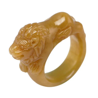 【漢石齋】天然翡翠A貨 獅獅如意玉戒指 黃翡種(國際戒圍10號)