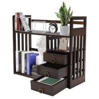 2 Tier Desktop Bookshelf with 3 Drawers Bamboo Office Desk Shelves Tabletop Book Storage Display Rack Countertop Bookcase