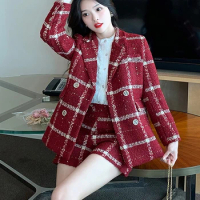 High Quality Elegant Plaid Tweed Blazer Shorts Suits Autumn Winter Outfits for Women Two Piece Business Chic Office Matching Set