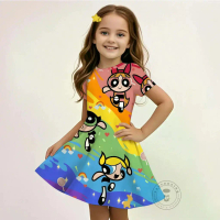 Váy hoạt hình Powerpuff Girl 3D in 3D mùa hè 2025, kiểu dáng xòe dễ thương, áo ngắn tay (Phù hợp cho